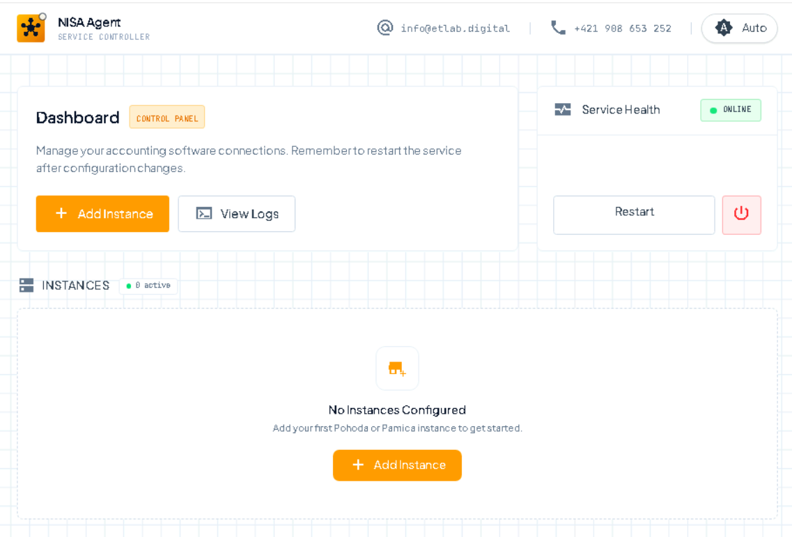 Main dashboard with service status and controls