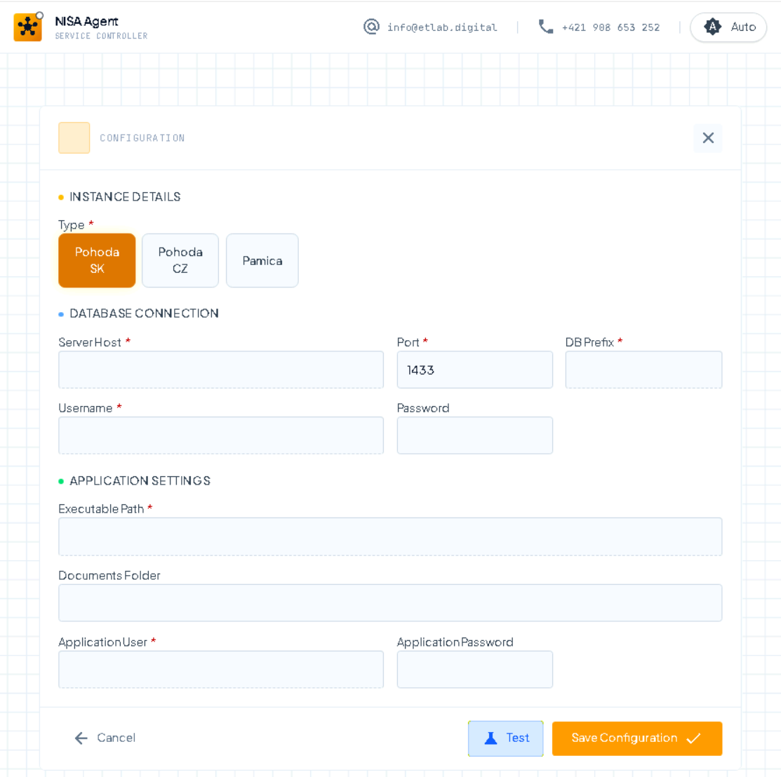 Instance configuration form with agent type and connection settings