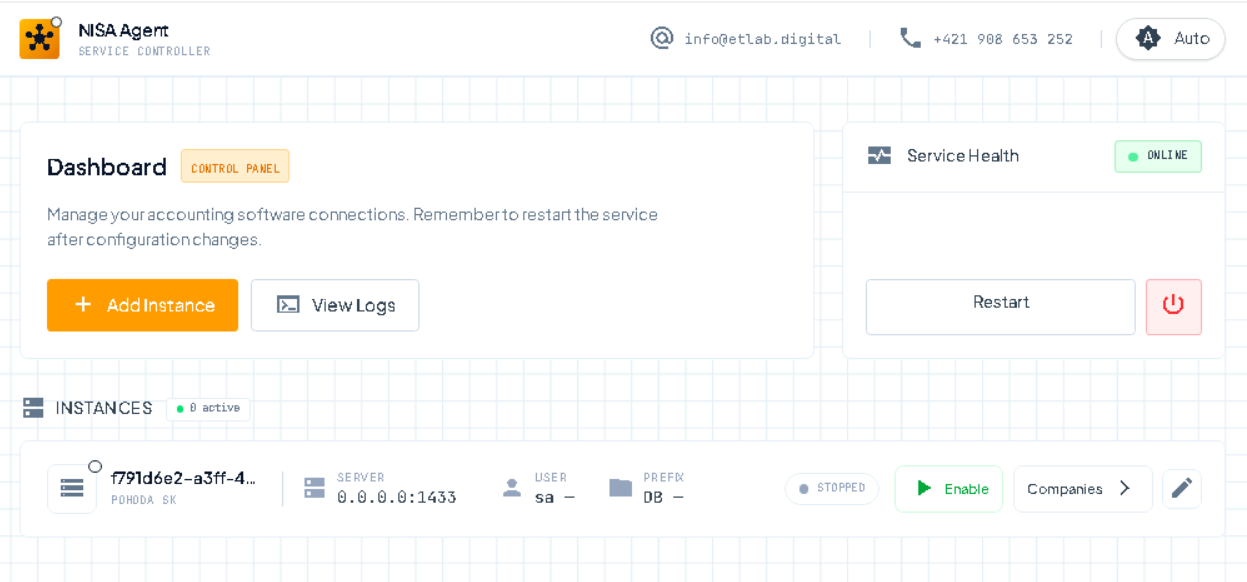 Instance management panel with enable/disable toggles