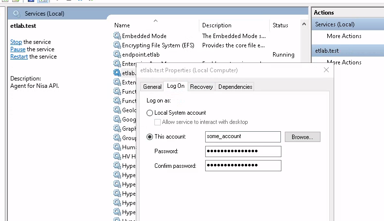 Service properties > Log on tab